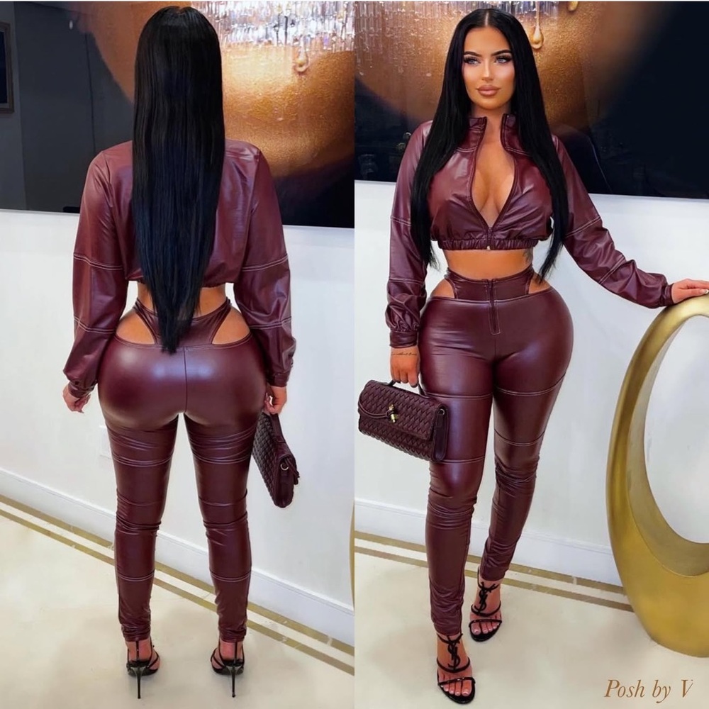 Poshbyv Chic Faux Leather Burgundy Pants Set
